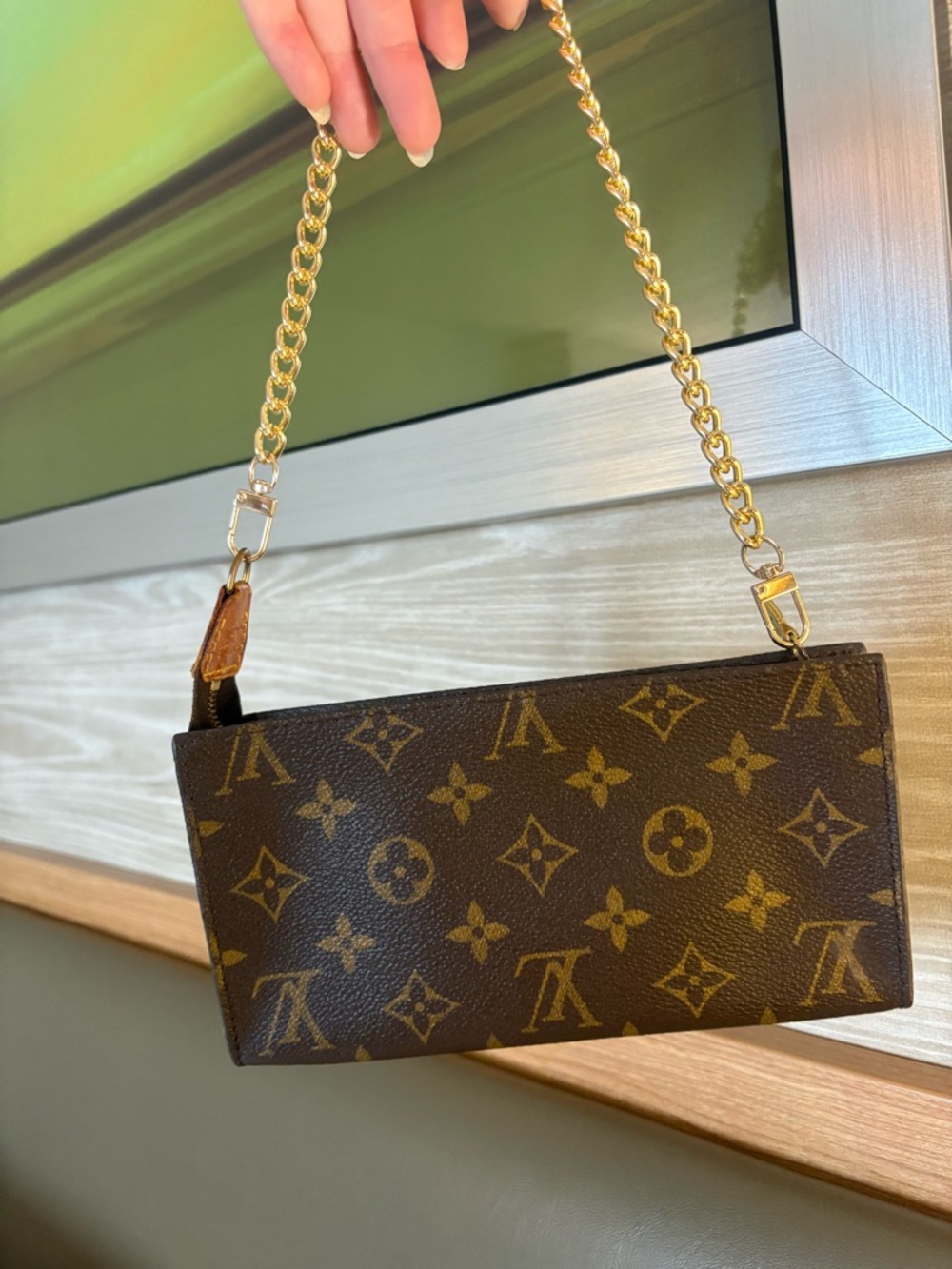 Auth Louis Vuitton Pochette Accessory Pouch GM Monogram Brown Leather - Picture 2 of 13